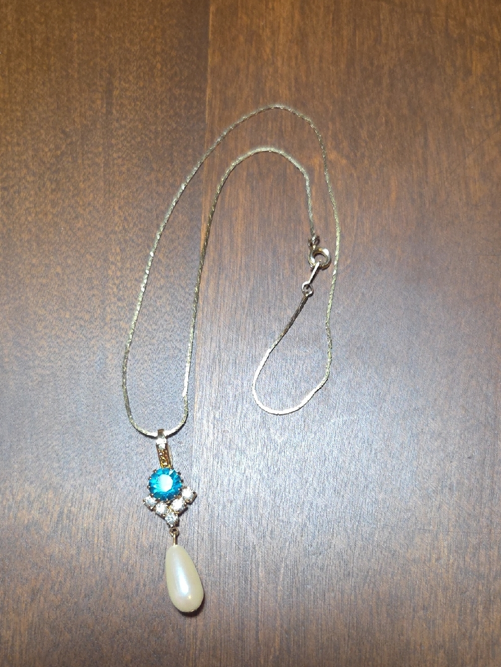 Gold-Tone Necklace with Turquoise Blue Faux Diamond and Pearl Drop Vintage
